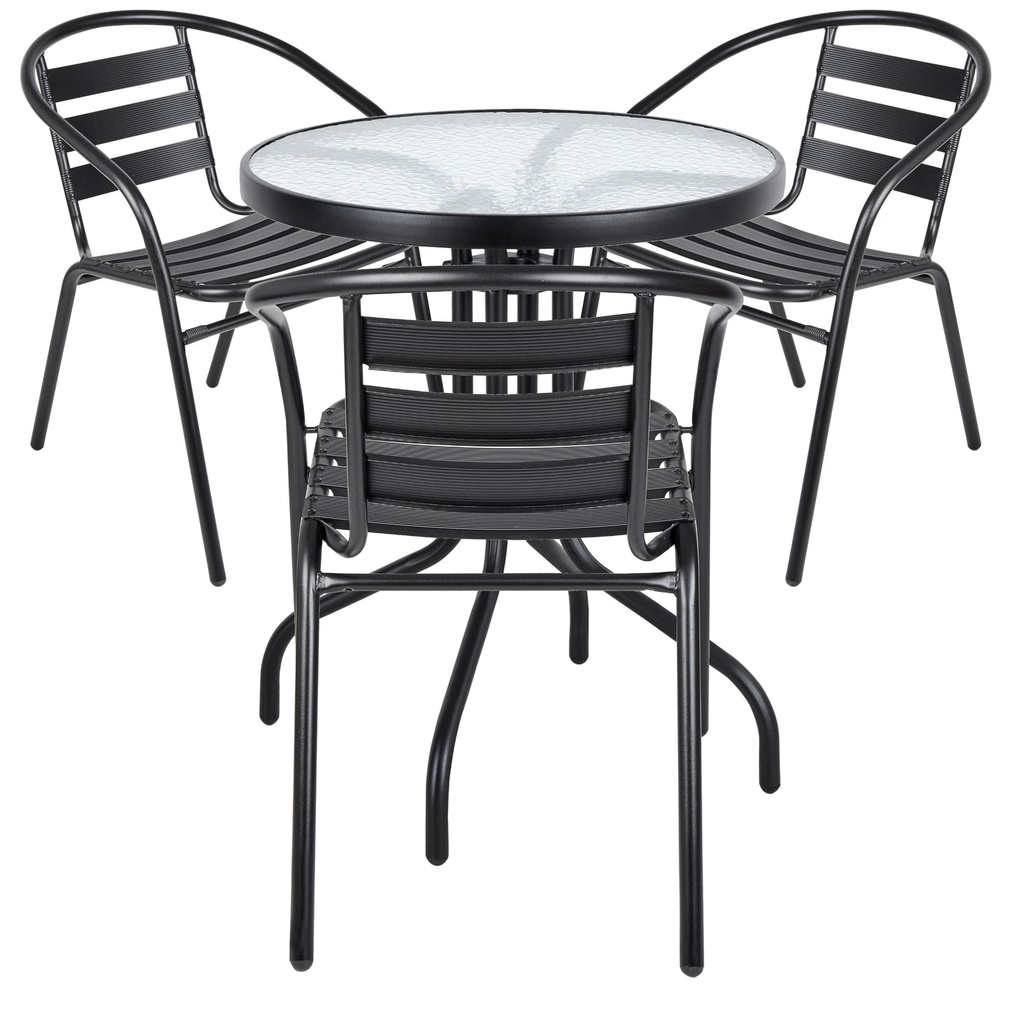 BTExpert 23.75" Round Black Glass Table + 3 Black Metal Slat Chairs, Indoor Outdoor Lightweight