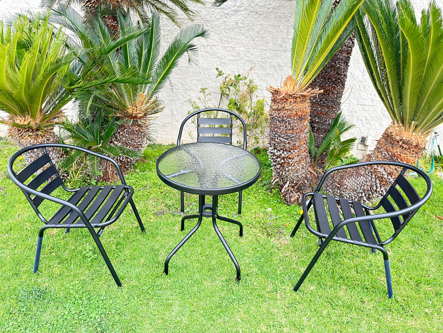 BTExpert 23.75" Round Black Glass Table + 3 Black Metal Slat Chairs, Indoor Outdoor Lightweight