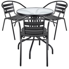 BTExpert Indoor Outdoor 23.75" Round Tempered Glass Metal Table Black  + 3 Black Restaurant Metal Aluminum Slat Stack Chairs Lightweight