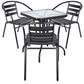 BTExpert 23.75" Square Black Glass Table with 3 Metal Slat Chairs, Indoor Outdoor, Lightweight