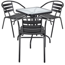 BTExpert Indoor Outdoor 23.75" Square Tempered Glass Metal Table Black  + 3 Black Restaurant Metal Aluminum Slat Stack Chairs Lightweight