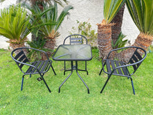 BTExpert Indoor Outdoor 23.75" Square Tempered Glass Metal Table Black  + 3 Black Restaurant Metal Aluminum Slat Stack Chairs Lightweight