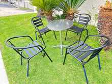 BTExpert Indoor Outdoor 23.75" Round Restaurant Table Stainless Steel Silver Aluminum + 4 Black Metal Slat Stack Chairs Lightweight