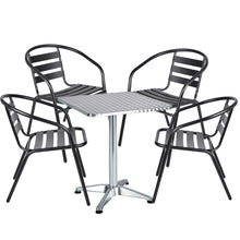 BTExpert Indoor Outdoor 23.75" Square Restaurant Table Stainless Steel Silver Aluminum + Black Metal Aluminum Slat Stack Chairs Commercial Lightweight