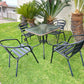 BTExpert 28" Square Glass Table w/ Brown Rattan Trim + 4 Black Metal Slat Chairs, Indoor Outdoor Lightweight