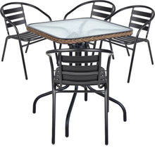 BTExpert Indoor Outdoor 28" Square Tempered Glass Metal Table Brown Rattan Trim  + 4 Black Restaurant Metal Aluminum Slat Stack Chairs Lightweight