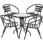 BTExpert 23.75" Round Glass Metal Table + 4 Black Metal Slat Stack Chairs, Indoor Outdoor Commercial Lightweight