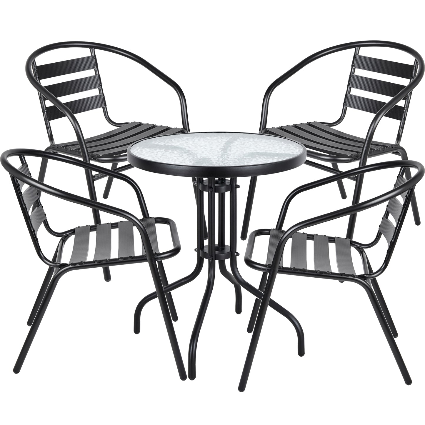 BTExpert 23.75" Round Glass Metal Table + 4 Black Metal Slat Stack Chairs, Indoor Outdoor Commercial Lightweight