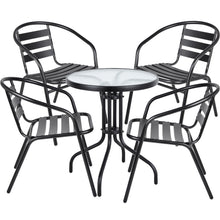 BTExpert Indoor Outdoor 23.75" Round Tempered Glass Metal Table Black + 4 Black Restaurant Metal Aluminum Slat Stack Chairs Commercial Lightweight