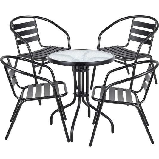BTExpert 23.75" Round Glass Metal Table + 4 Black Metal Slat Stack Chairs, Indoor Outdoor Commercial Lightweight