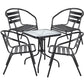 BTExpert 23.75" Square Glass Metal Table + 4 Black Metal Slat Stack Chairs, Indoor Outdoor Commercial Lightweight