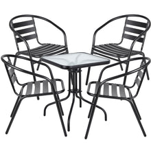 BTExpert Indoor Outdoor 23.75" Square Tempered Glass Metal Table Black + 4 Black Restaurant Metal Aluminum Slat Stack Chairs Commercial Lightweight