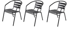 BTExpert Indoor Outdoor 28" Square Tempered Glass Metal Table Brown Rattan Trim  + 3 Black Restaurant Metal Aluminum Slat Stack Chairs Lightweight