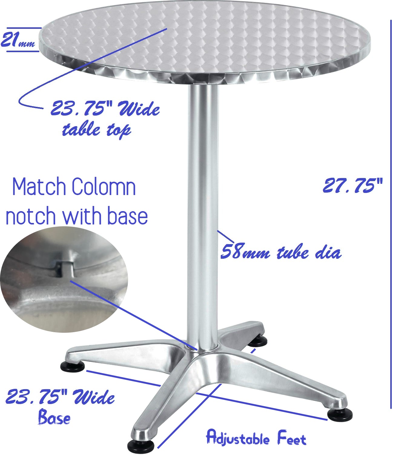 BTExpert Indoor Outdoor 23.75" Round Restaurant Table for Patio Stainless Steel Silver Aluminum Furniture with base