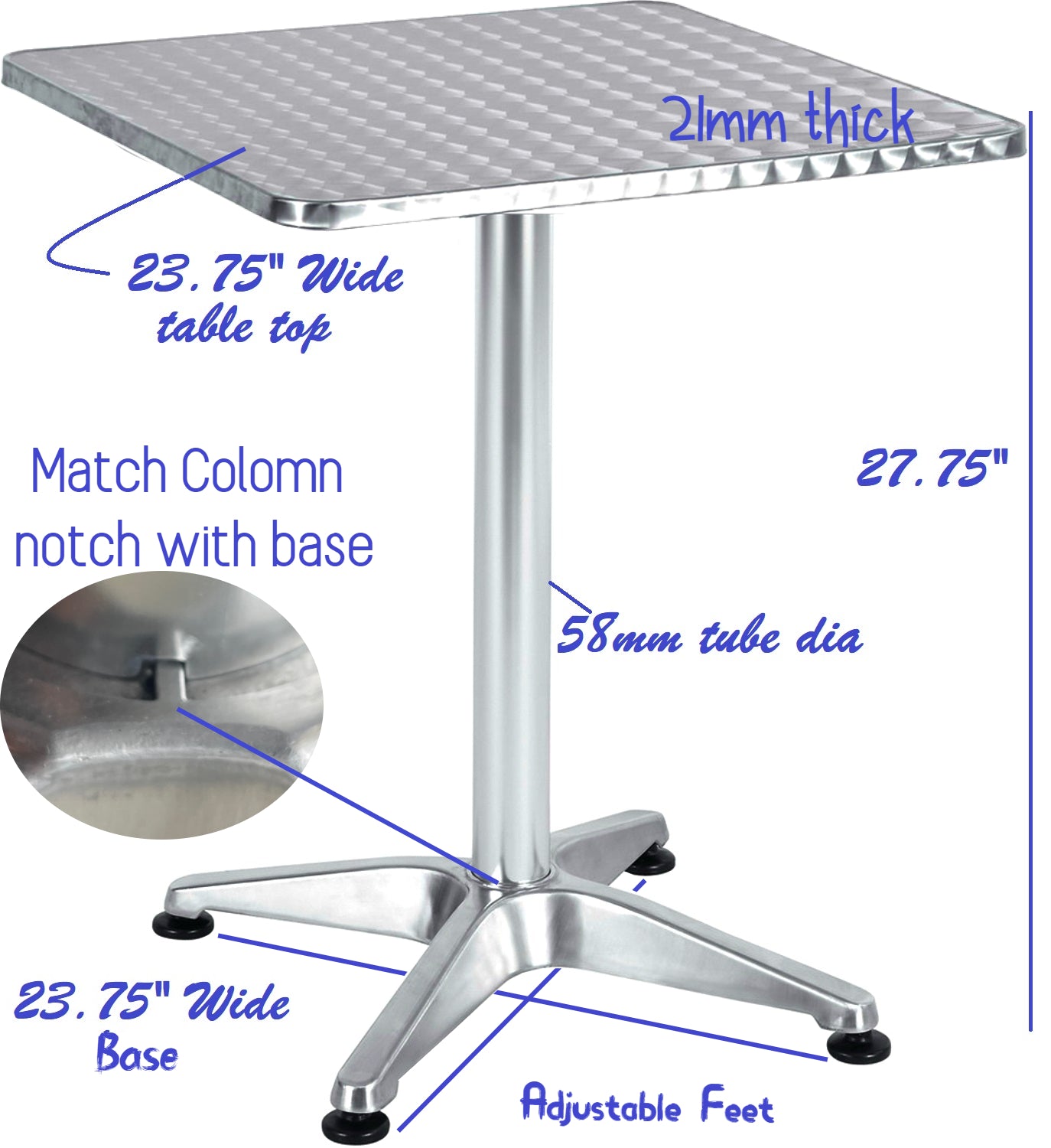 BTExpert Indoor Outdoor 23.75" Square Restaurant Table for Patio Stainless Steel Silver Aluminum Furniture with base