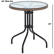 BTExpert Indoor Outdoor 28" Round Tempered Glass Metal Table Gray Rattan Trim + 2 Gray Restaurant Rattan Stack Chairs