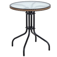 BTExpert Indoor Outdoor 28" Round Tempered Glass Metal Table Brown Rattan Trim + 2 Black Restaurant Metal Aluminum Slat Stack Chairs Lightweight