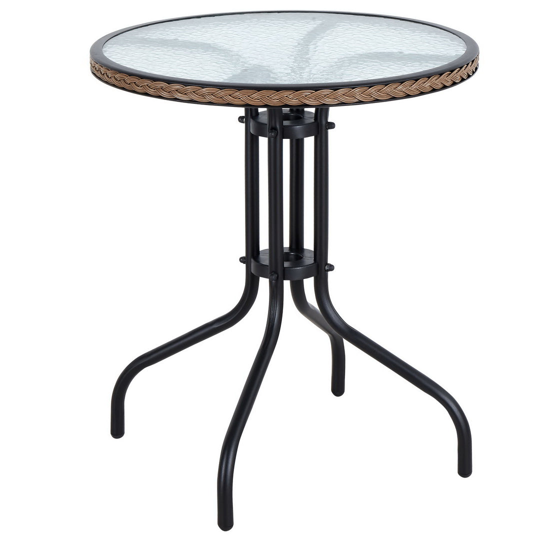 BTExpert Indoor Outdoor 28" Round Glass Metal Table Gray Rattan Trim + 3 Gray Rattan Stack Chairs