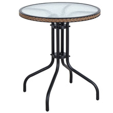 BTExpert Indoor Outdoor 28" Round Tempered Glass Metal Table Brown Rattan Trim + 4 Brown Restaurant Rattan Stack Chairs