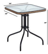 BTExpert Indoor Outdoor 28" Square Tempered Glass Metal Table Brown Rattan Trim + 3 Brown Restaurant Rattan Stack Chairs