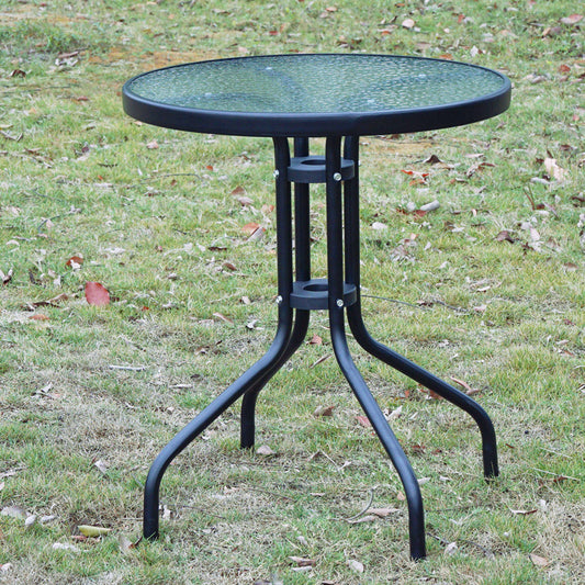 BTExpert 23.75" Round Glass Metal Table + 4 Gray Rattan Stack Chairs, Indoor Outdoor Commercial Lightweight