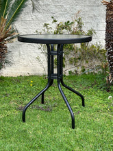 BTExpert Indoor Outdoor 23.75" Round Tempered Glass Metal Table + 3 Brown Flexible Sling Stack Chairs