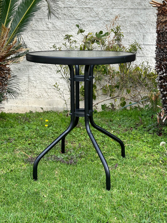 BTExpert 23.75" Round Black Glass Table + 3 Black Metal Slat Chairs, Indoor Outdoor Lightweight