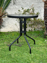 BTExpert Indoor Outdoor 23.75" Round Tempered Glass Metal Table + 2 Brown Flexible Sling Stack Chairs