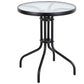 BTExpert 23.75" Round Black Glass Table + 3 Black Metal Slat Chairs, Indoor Outdoor Lightweight