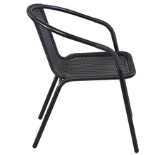BTExpert Indoor Outdoor 28" Round Tempered Glass Metal Table Black Rattan Trim + 3 Black Restaurant Rattan Stack Chairs