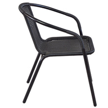 BTExpert Indoor Outdoor 23.75" Square Restaurant Table Stainless Steel Silver Aluminum + 3 Black Restaurant Rattan Stack Chairs Commercial Lightweight
