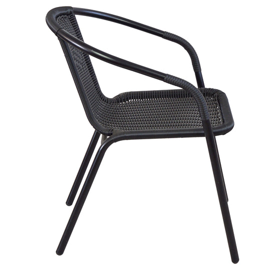 BTExpert Indoor Outdoor 28" Round Glass Metal Table Black Rattan Trim + 4 Black Rattan Stack Chairs