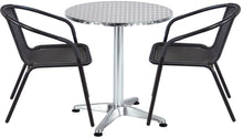 BTExpert Indoor Outdoor 23.75" Round Restaurant Table Stainless Steel Silver Aluminum + 2 Black Restaurant Rattan Stack Chairs Commercial Lightweight