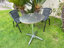 BTExpert Indoor Outdoor 23.75" Round Restaurant Table Stainless Steel Silver Aluminum + 2 Black Restaurant Rattan Stack Chairs Commercial Lightweight
