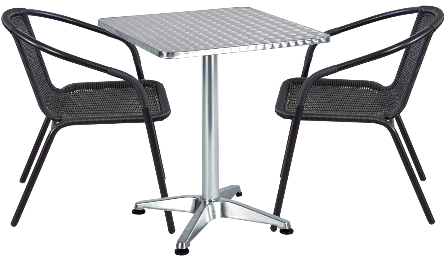 BTExpert 23.75" Square Restaurant Table Steel Silver Aluminum + 2 Black Rattan Chairs Indoor Outdoor Commercial Lightweight