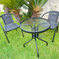 BTExpert Indoor Outdoor 23.75" Round Glass Metal Table + 2 Black Rattan Stack Chairs