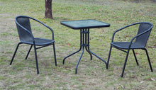 BTExpert Indoor Outdoor 23.75" Square Tempered Glass Metal Table + 3 Black Restaurant Rattan Stack Chairs