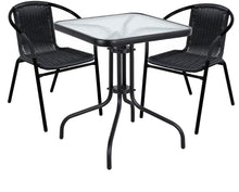 BTExpert Indoor Outdoor 23.75" Square Tempered Glass Metal Table + 2 Black Restaurant Rattan Stack Chairs