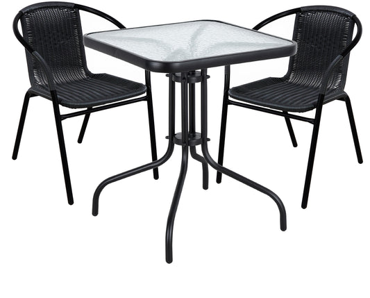 BTExpert Indoor Outdoor 23.75" Square Glass Metal Table + 2 Black Rattan Stack Chairs