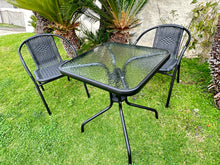 BTExpert Indoor Outdoor 23.75" Square Tempered Glass Metal Table + 2 Black Restaurant Rattan Stack Chairs