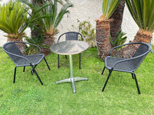 BTExpert Indoor Outdoor 23.75" Round Restaurant Table Stainless Steel Silver Aluminum + 3 Black Restaurant Rattan Stack Chairs Commercial Lightweight