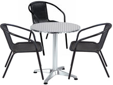 BTExpert Indoor Outdoor 23.75" Round Restaurant Table Stainless Steel Silver Aluminum + 3 Black Restaurant Rattan Stack Chairs Commercial Lightweight