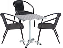 BTExpert Indoor Outdoor 23.75" Square Restaurant Table Stainless Steel Silver Aluminum + 3 Black Restaurant Rattan Stack Chairs Commercial Lightweight