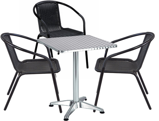 BTExpert 23.75" Square Table Restaurant Table Steel Silver Aluminum + 3 Black Rattan Stack Chairs Indoor Outdoor Commercial Lightweight