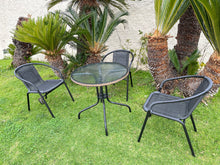 BTExpert Indoor Outdoor 28" Round Tempered Glass Metal Table Black Rattan Trim + 3 Black Restaurant Rattan Stack Chairs