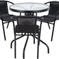 BTExpert Indoor Outdoor 23.75" Round Glass Metal Table + 3 Black Rattan Stack Chairs
