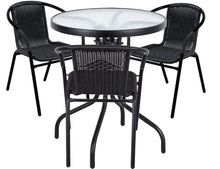 BTExpert Indoor Outdoor 23.75" Round Tempered Glass Metal Table + 3 Black Restaurant Rattan Stack Chairs