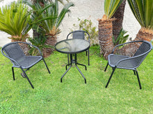 BTExpert Indoor Outdoor 23.75" Round Tempered Glass Metal Table + 3 Black Restaurant Rattan Stack Chairs