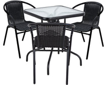 BTExpert Indoor Outdoor 23.75" Square Tempered Glass Metal Table + 3 Black Restaurant Rattan Stack Chairs