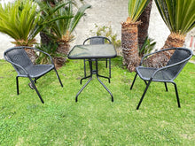 BTExpert Indoor Outdoor 23.75" Square Tempered Glass Metal Table + 3 Black Restaurant Rattan Stack Chairs
